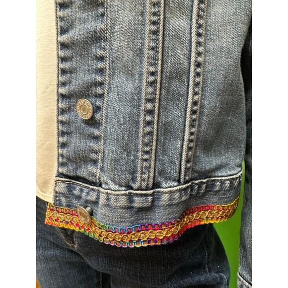 Custom Upcycled GAP Denim Jacket Fringe & Rainbow Trim Sz Small S - Picture 4 of 8
